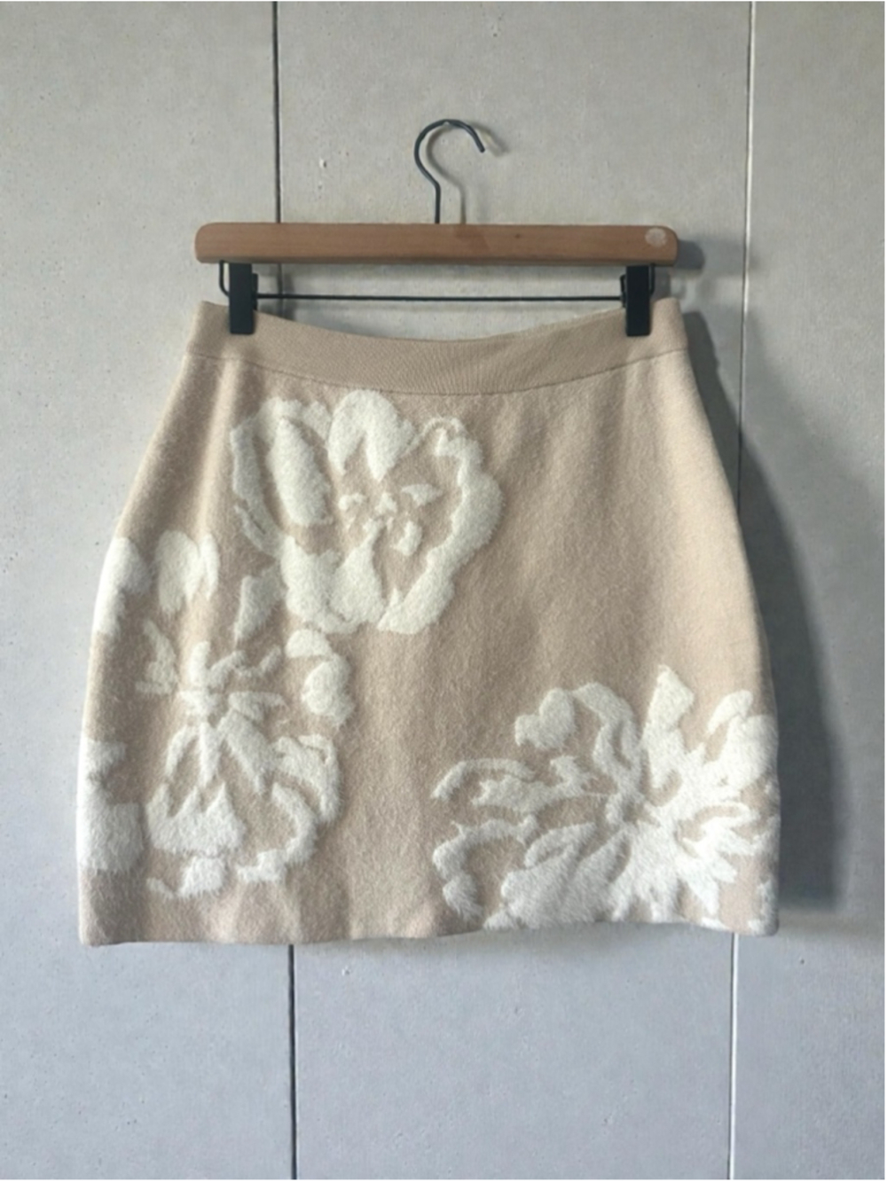 Anthropologie Floral Fuzzy Knit Mini Skirt M Neutral Ivory
